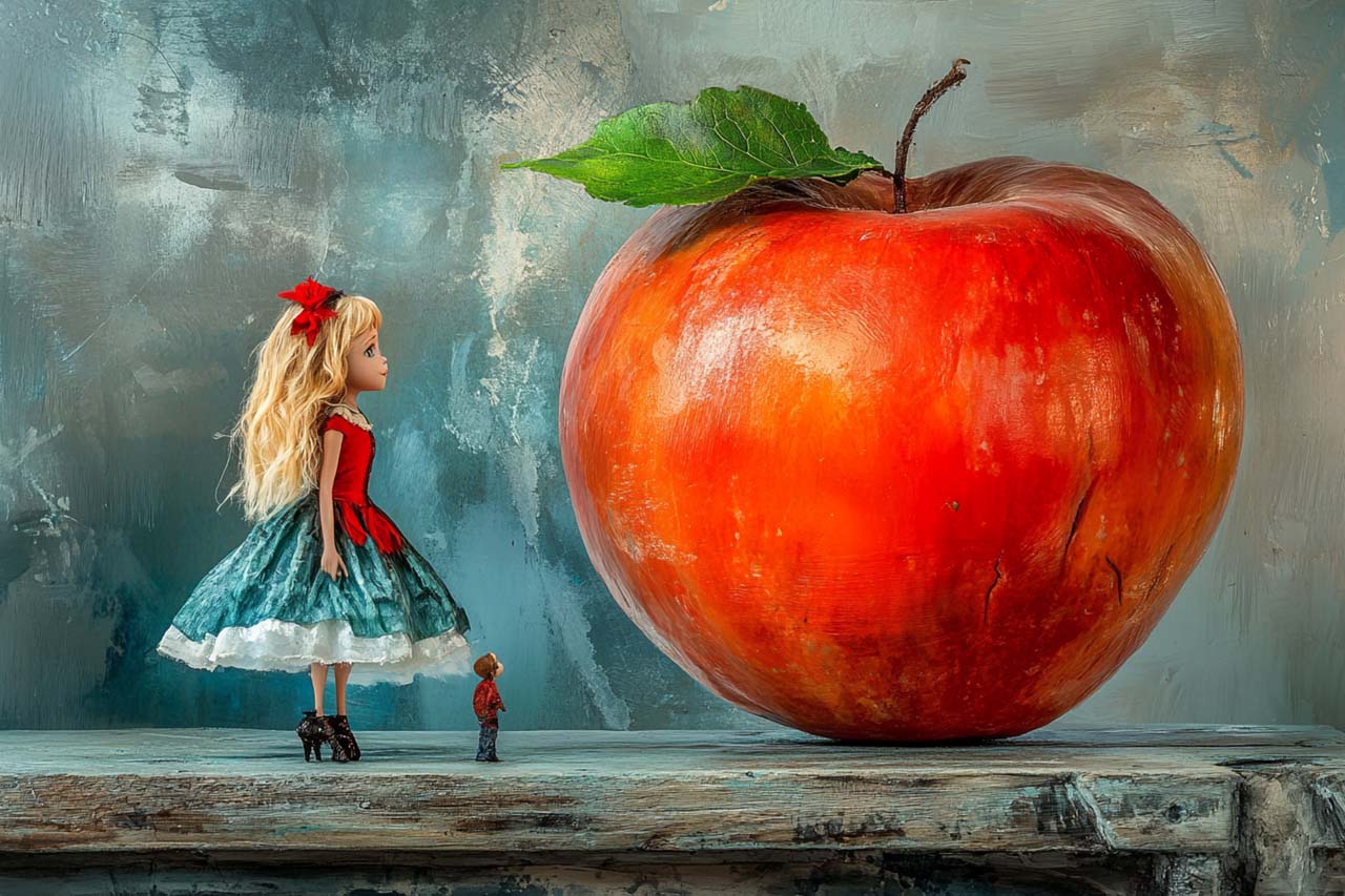 A little girl and a big apple