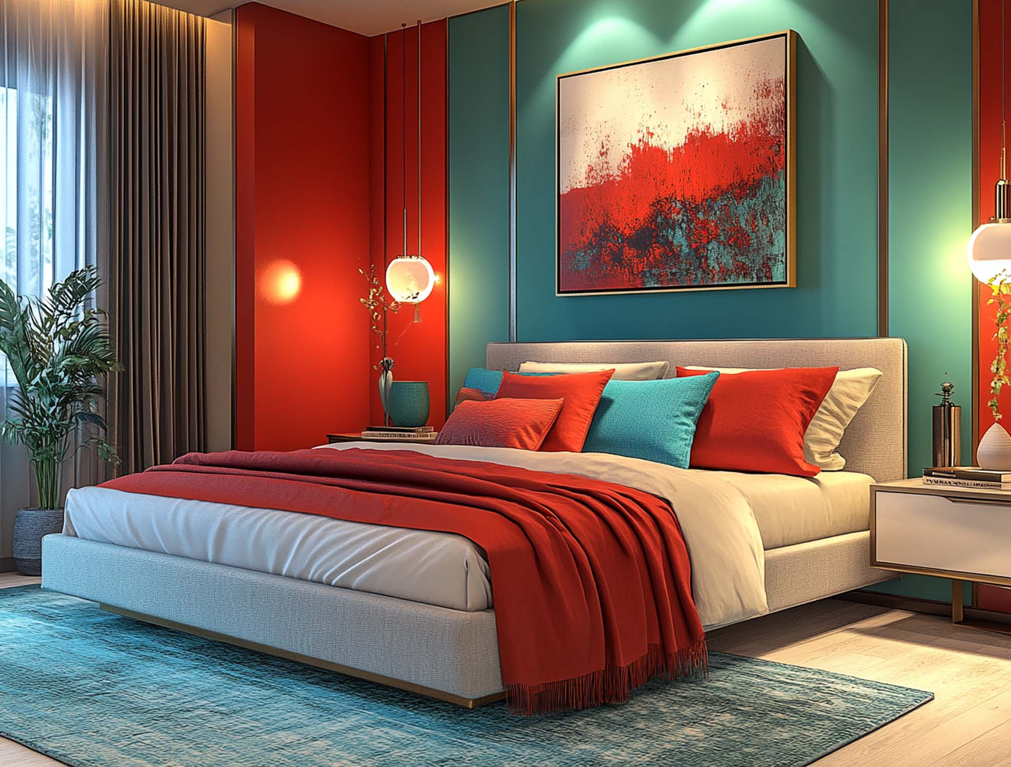 A modern, minimalist bedroom with a striking canvas
