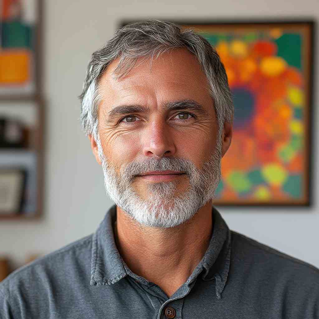 Male, early 50s, light skin, gray hair, beard.