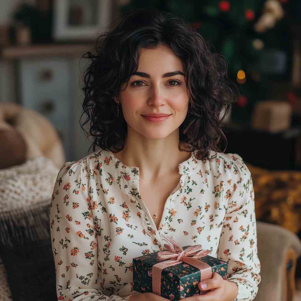 Female, Mediterranean appearance, fair skin, dark hair with curls.