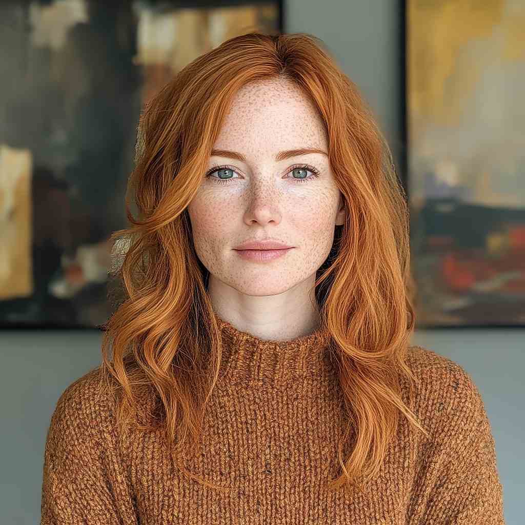 Female, early 30s, fair skin, red hair, light freckles.