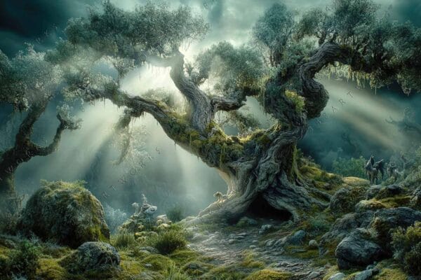 Fantasy digital art showcasing ancient twisted trees and dappled sunlight in a mystical forest.