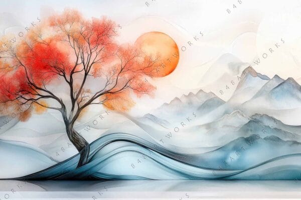 “Digital painting of a tree with orange foliage against misty mountains and a setting sun.”
