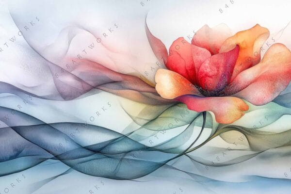 "Digital art of a red and orange flower with flowing, translucent petals."