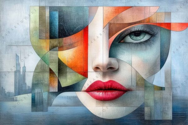 "Abstract digital painting of a fragmented face with vibrant reds and cool blues."