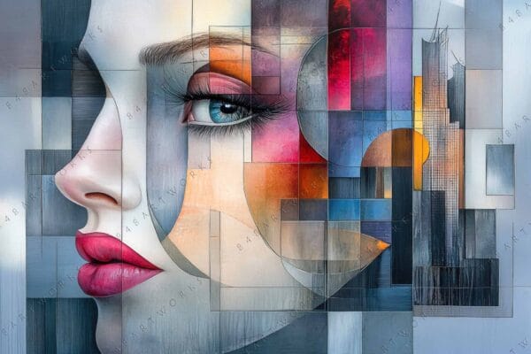 Cubist digital painting of a woman's face with geometric shapes in vibrant tones.