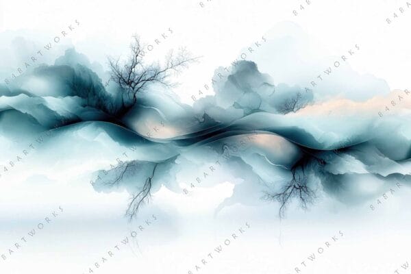 "Abstract digital painting of trees and mountains in blue and white tones."