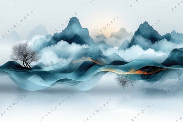 "Surreal digital art of misty mountains with swirling blue and orange waves."