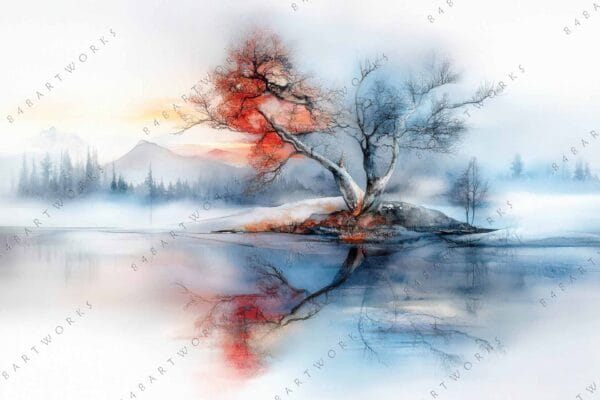 Watercolor painting of a lone tree with red leaves reflected on a tranquil lake.