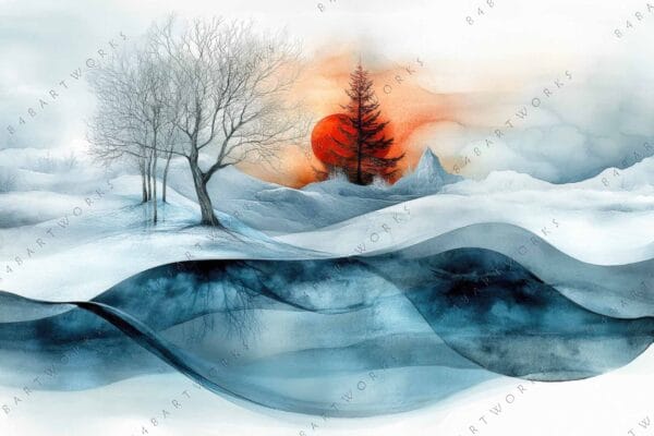 "Surreal digital painting of winter trees, red sun, and snowy landscape with reflections."
