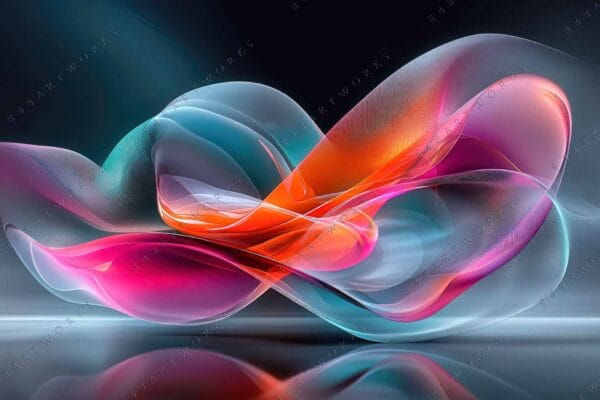 "Abstract digital art with flowing multicolored waves in pink, orange, and blue hues."