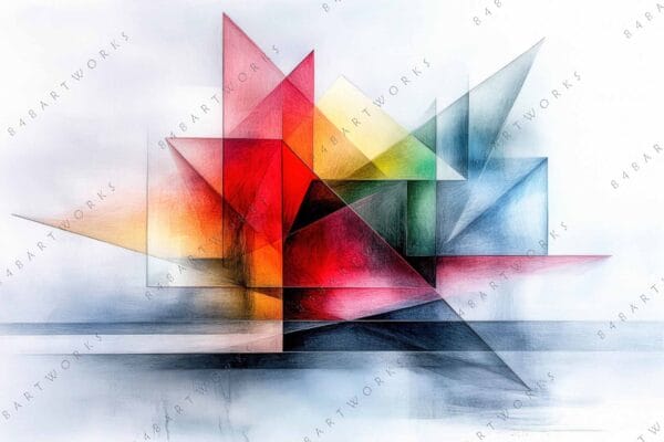 "Geometric digital artwork with colorful overlapping triangles and rectangles in vivid hues."