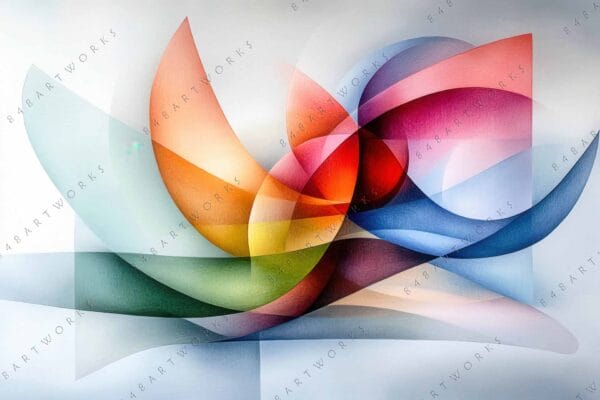 Abstract digital artwork featuring overlapping colorful geometric shapes on a light background.