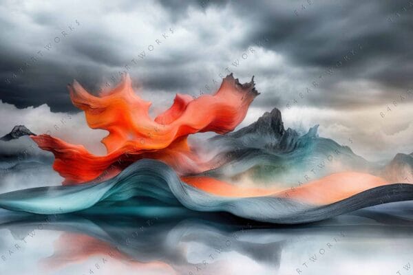 Abstract digital painting with swirling red and turquoise waves against a cloudy sky.