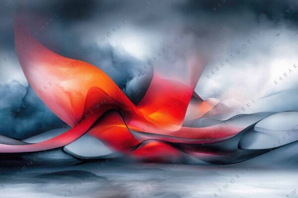 Abstract digital artwork with dynamic red and orange waves on a stormy gray background.