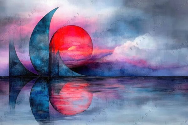 "Abstract digital painting of geometric shapes and sunset reflection in vibrant pink and blue tones."