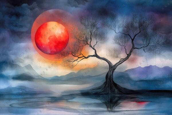 "Digital painting of a lone tree with a red sun against a moody sky."