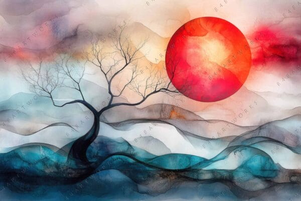 "Abstract digital painting of a tree and red sun over layered landscapes."