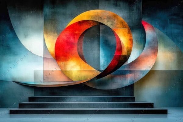 Abstract digital painting of geometric forms in red, orange, blue, and gray tones.