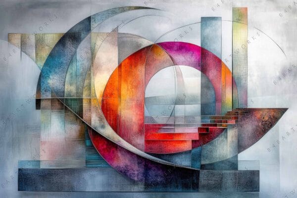 "Abstract digital art with geometric shapes, vibrant colors, and textured surfaces."