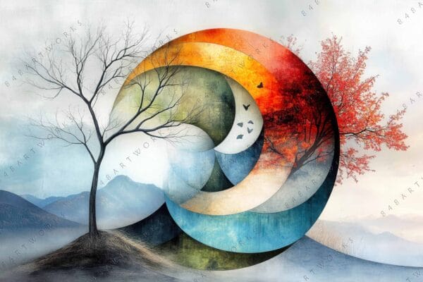 "Digital artwork of contrasting seasons, bare winter tree and vibrant autumn foliage in spiral design."
