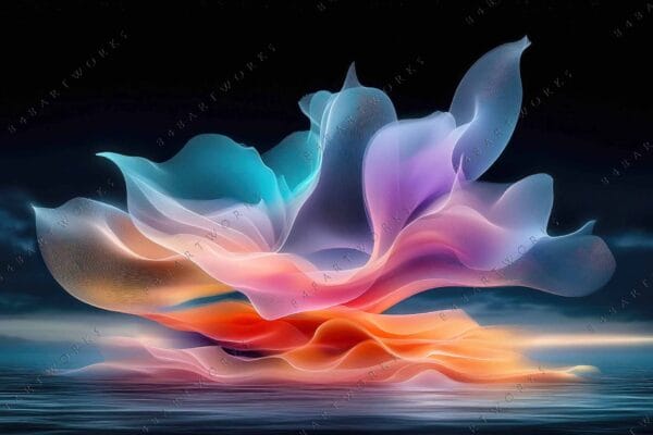Abstract digital art of colorful, translucent waves over a calm, dark sea.