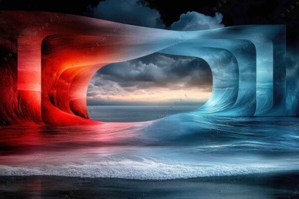 Surreal digital artwork depicting red and blue waves forming abstract arches over ocean.
