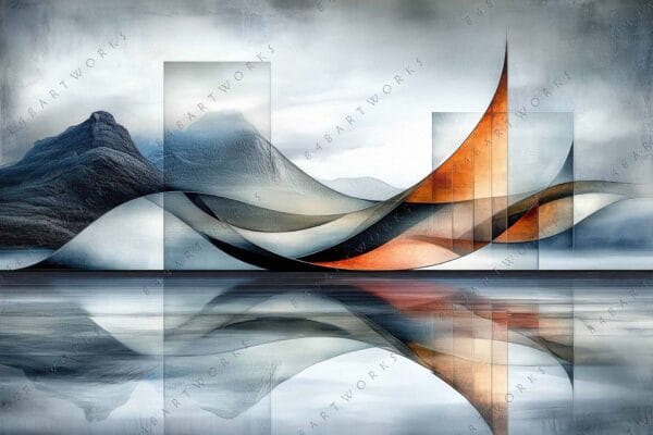 Abstract digital art of curved shapes in gray and orange, with a mountainous backdrop.