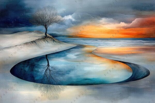 Surreal digital painting of a lone tree by a reflective pond at sunset.