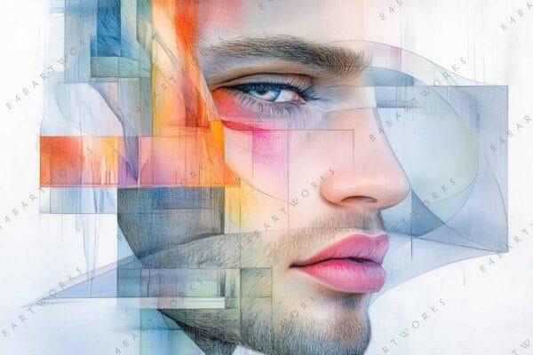 "Abstract digital art of a face with geometric shapes and vibrant colors."