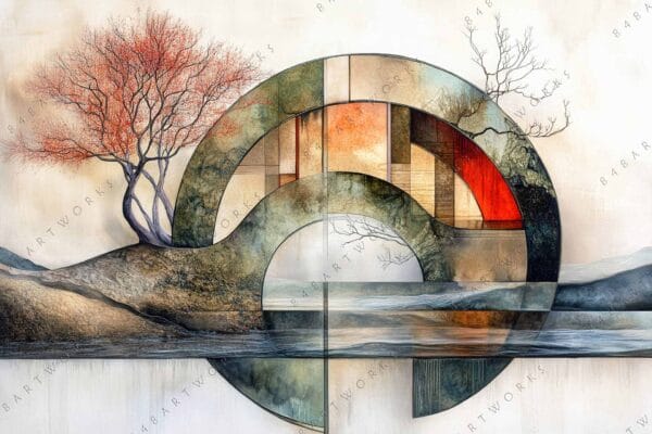 "Abstract digital art of geometric arches with trees, in earthy and red tones."