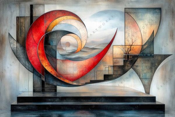"Abstract digital artwork with geometric shapes in gray, red, and yellow tones."