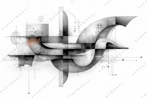 "Geometric abstract digital art with lines, circles, and gray tones on white background."