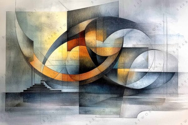 "Abstract geometric digital art with intersecting curves in blue, gray, and orange tones."