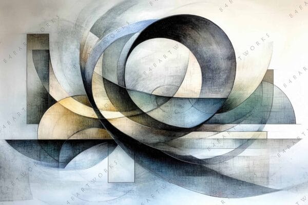 "Abstract geometric digital artwork with interlocking curves in gray, beige, and blue tones."