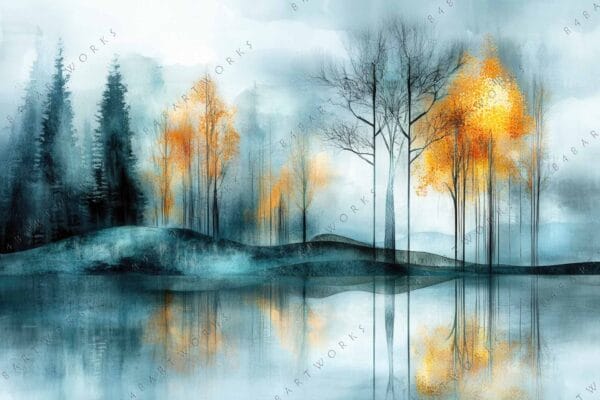"Surreal digital painting of autumn trees reflecting on a misty lake in blue tones."