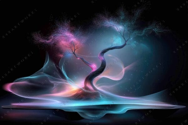 "Digital art of a vibrant, glowing tree with swirling neon colors on dark background."