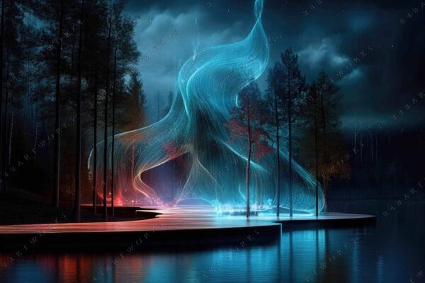 "Futuristic digital art of glowing blue and orange light streams in a forest."