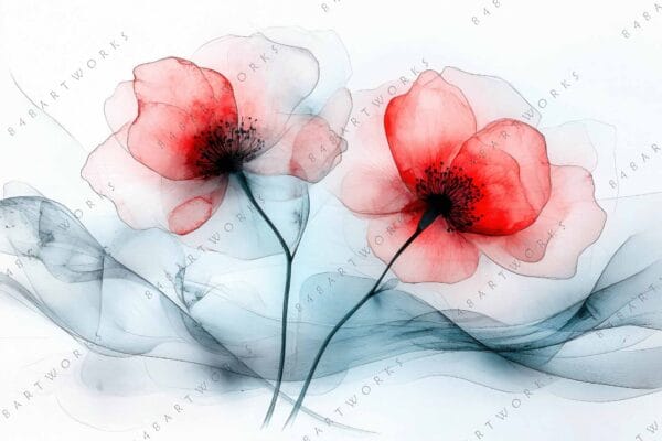 "Digital painting of translucent red poppies with delicate blue leaves on white background."