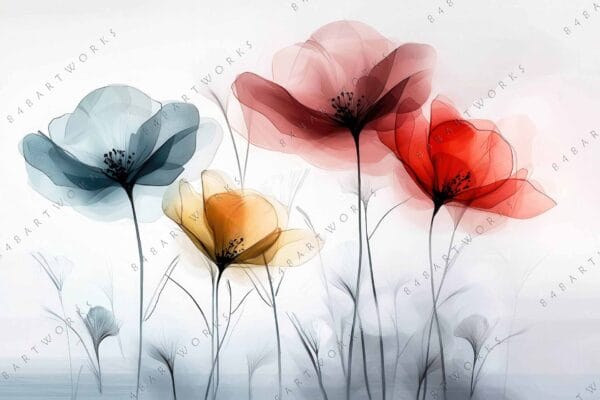 Digital painting of translucent flowers in red, blue, and yellow tones on white background.