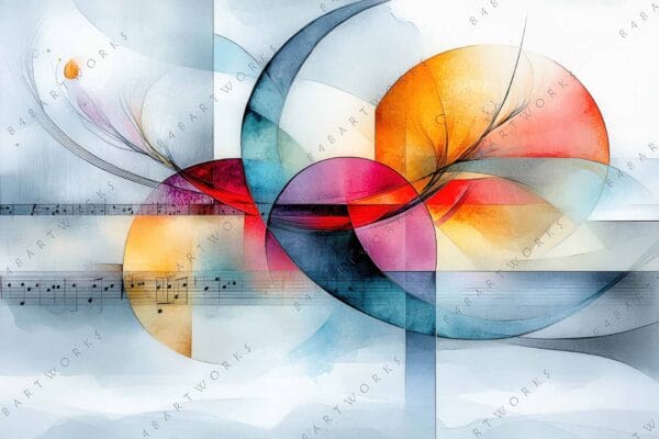 "Abstract digital art with curved geometric shapes in blue, orange, and red hues."