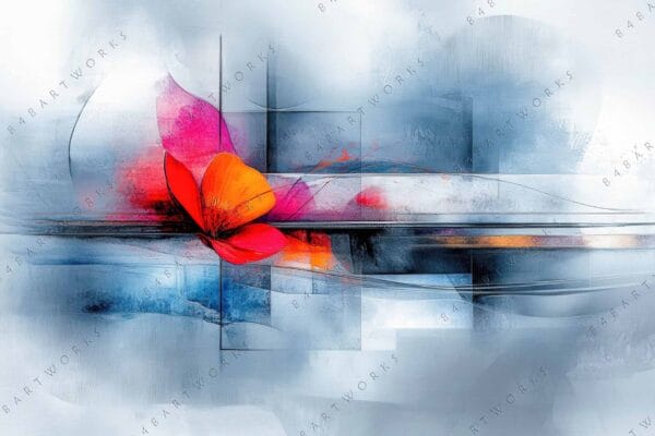 "Abstract digital artwork with vibrant red-orange flower and blue-gray geometric background."