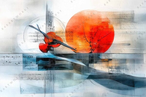 "Abstract digital painting of a violin with musical notes and red-orange circles."