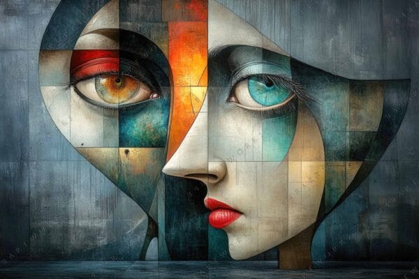 "Abstract digital painting of a split face with vibrant blue, red, and orange hues."