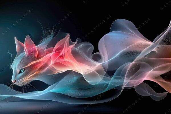 "Digital art of a cat with flowing, ethereal ribbons in pink and blue."