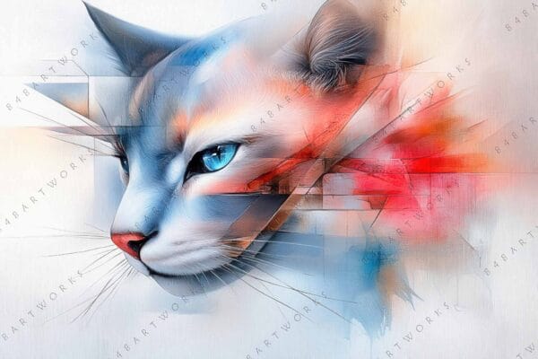 "Abstract digital painting of a cat with geometric shapes in blue and red tones."