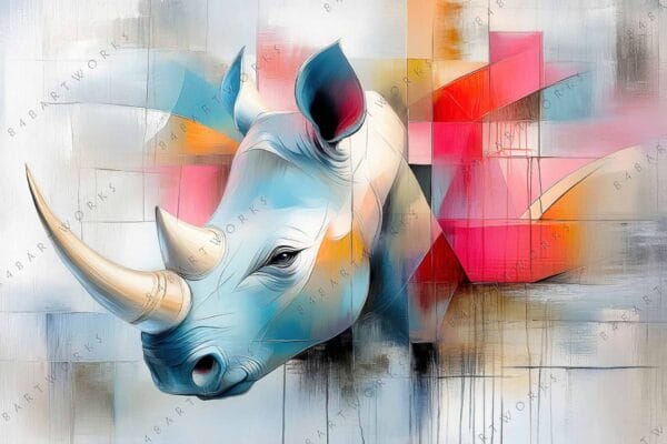 "Abstract digital art of a rhinoceros in blue and red geometric patterns."