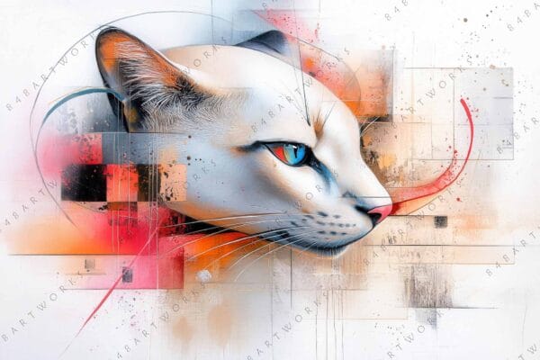 "Abstract digital art of a cat in geometric style with red and orange accents."