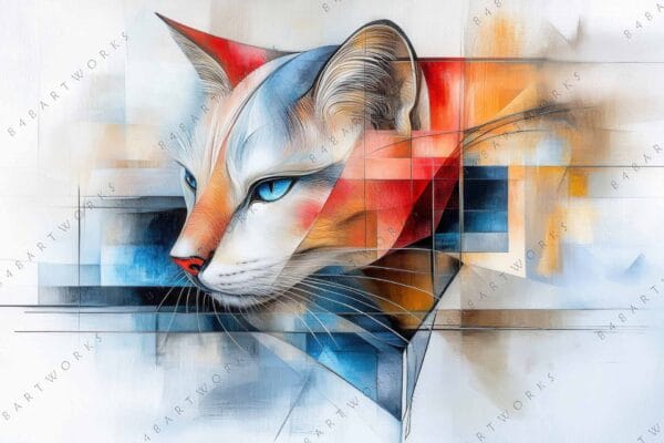 Cubist painting of a cat's face with blue eyes, red and beige geometric shapes.