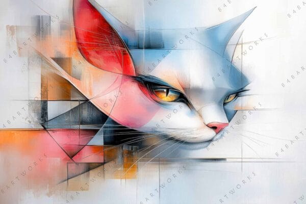 "Abstract digital painting of a cat's face with geometric shapes in bright colors."